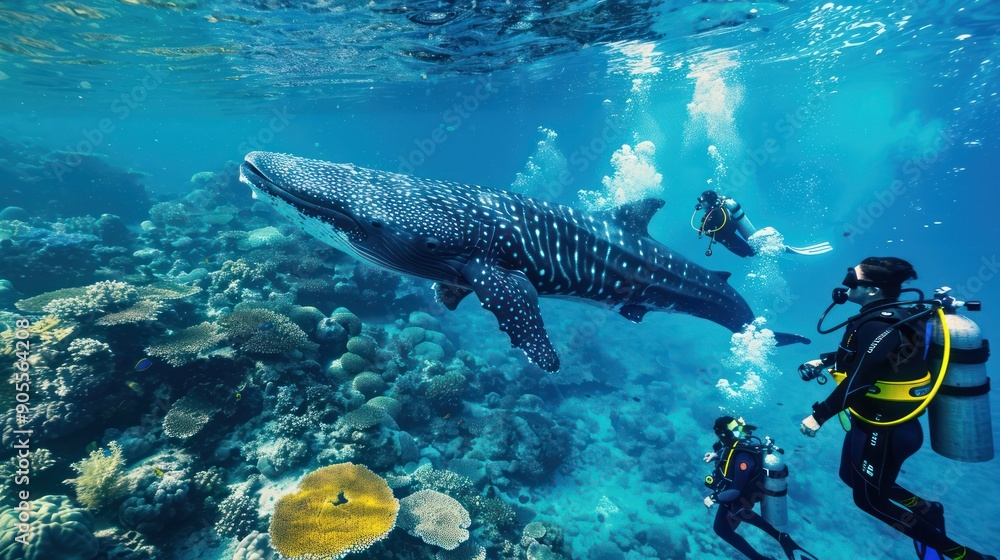 Fototapeta premium Group of students diving in the underwater coral reef sea with a large whale.