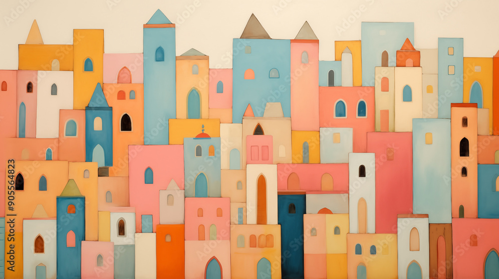 Vibrant naive art depicting colorful houses in a whimsical landscape Vibrant naive art depicting colorful houses in a whimsical landscape