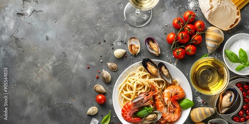 Wallpaper Mural Delicious seafood pasta with fresh ingredients and white wine on a rustic table Torontodigital.ca
