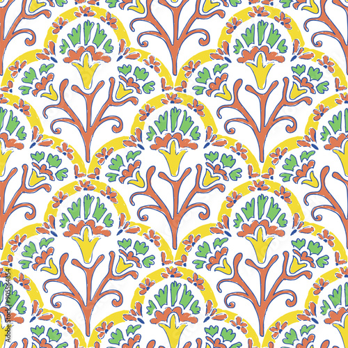 Seamless decorative pattern. The flowers are drawn with ink. Cute wavy ornament. Vector illustration.