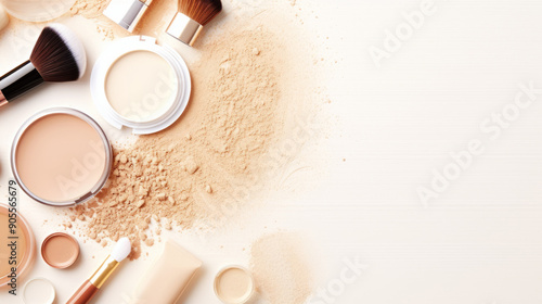 Set of different makeup accessories on beige background. Cosmetic products for skin care.