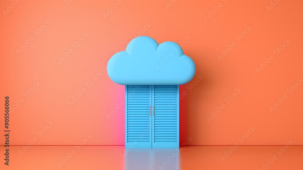 Minimalistic image of a blue cloud-shaped cabinet against an orange background, representing cloud storage and modern interior design. Minimalistic image of a blue cloud-shaped cabinet against an orange background, representing cloud storage and modern interior design.