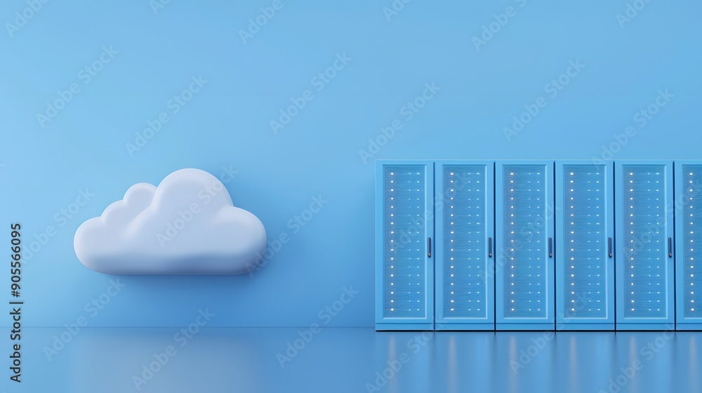 Modern cloud computing concept with blue server racks and a white cloud icon on a blue background, representing data storage and technology. Modern cloud computing concept with blue server racks and a white cloud icon on a blue background, representing data storage and technology.