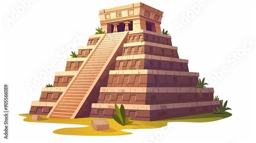 Maya ancient pyramid and Aztec temple ruin vector cartoon landmark illustration isolated on a white background Mexico archaeological historical ziggurat old civilization building Maya
