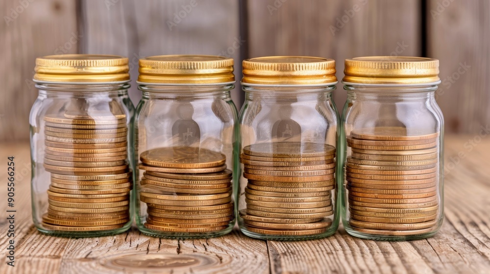 Four glass jars filled with coins, symbolizing savings and financial growth on a rustic wooden surface. Four glass jars filled with coins, symbolizing savings and financial growth on a rustic wooden surface.