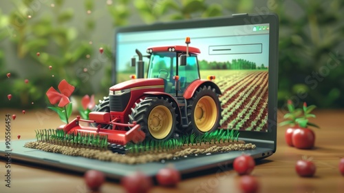 Wallpaper Mural 3D illustration of tractor, smart farming concept on laptop online farm management Online farming control technology Torontodigital.ca