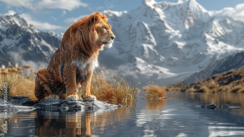 Majestic Lion Sitting by Tranquil Lake Surrounded by Snow-Capped Mountains at Sunrise photo