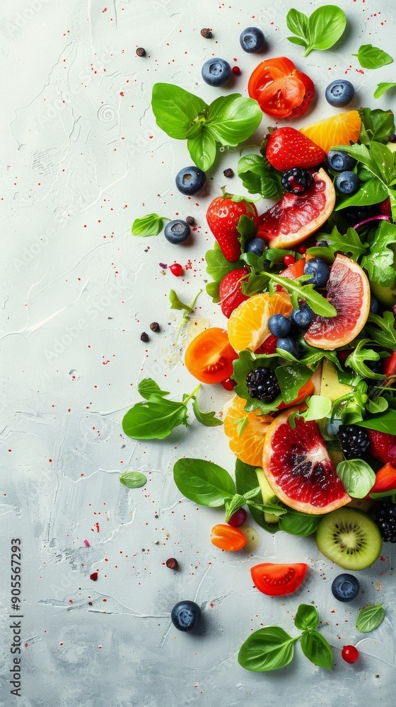 Fresh and Healthy Fruit and Vegetable Salad on a White Background with Copy Space, an Overhead View Celebrating Nutritious and Vibrant Meal Options Fresh and Healthy Fruit and Vegetable Salad on a White Background with Copy Space, an Overhead View Celebrating Nutritious and Vibrant Meal Options
