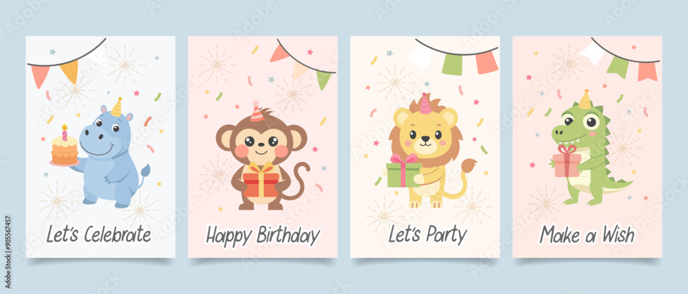 Childrens cute greeting card set. Birthday party animals with gift boxes, cake, party hats and balloons. Illustration, templates, postcards collection Childrens cute greeting card set. Birthday party animals with gift boxes, cake, party hats and balloons. Illustration, templates, postcards collection