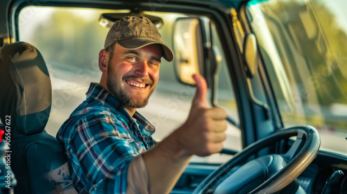 Happy truck driver giving a thumbs-up, ready and confident for the journey ahead