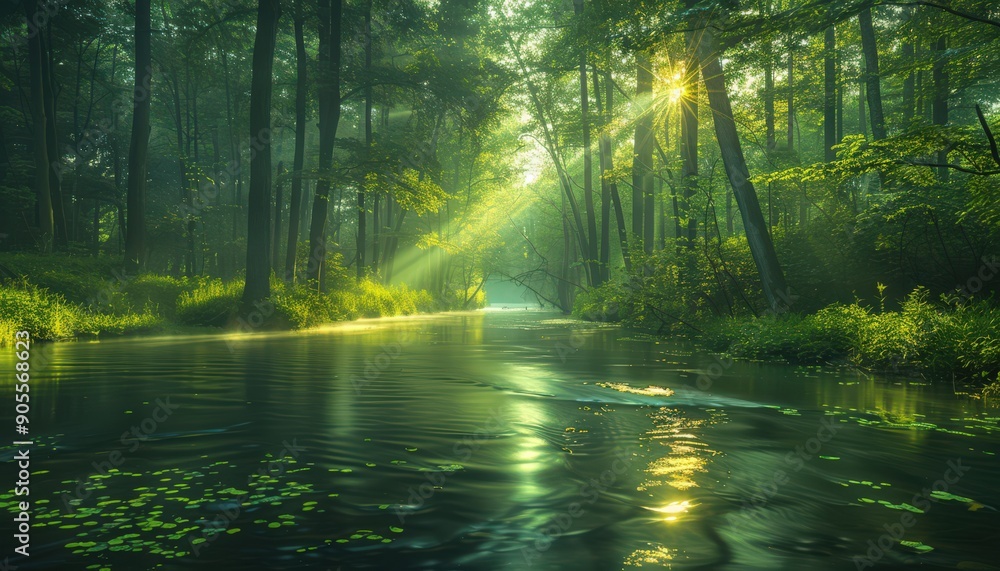 Fototapeta premium Serene Forest River with Sunlight Streaming Through Trees Creating a Tranquil and Mystical Atmosphere