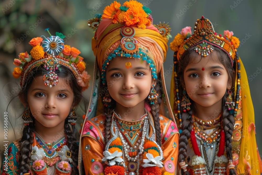 Three Young Girls Wearing Traditional Colorful Costumes and Bright Accessories Celebrating Cultural Festival in Autumn Three Young Girls Wearing Traditional Colorful Costumes and Bright Accessories Celebrating Cultural Festival in Autumn