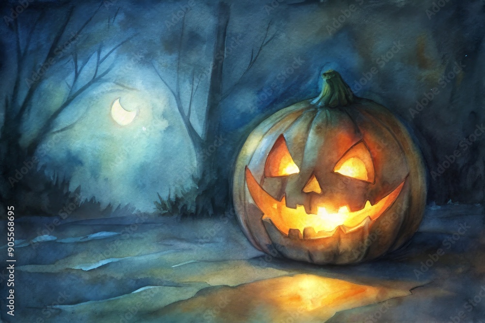 Naklejka premium Glowing jack-o'-lantern illuminates haunted forest path under moonlight at dusk