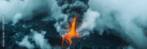 Volcanic landscape with billowing smoke photo