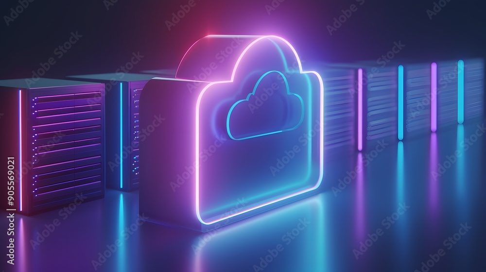 Neon cloud storage icon with server stacks. Concept of data storage ...