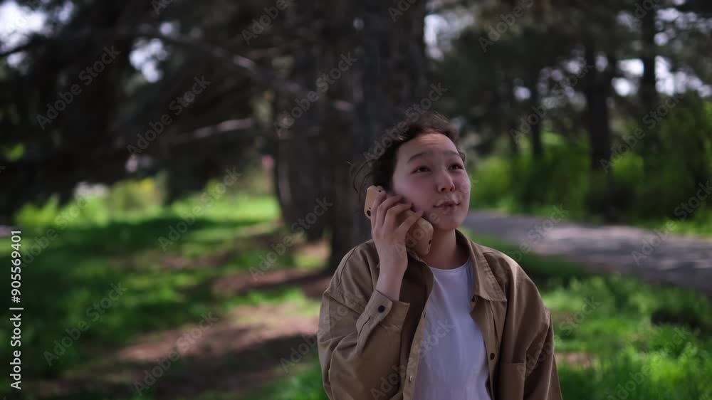 young asian girl in a beige jacket and white shirt enjoys sunny day outdoors, talking on her phone. She smiles and engages in conversation, with lush greenery and tall trees in the background young asian girl in a beige jacket and white shirt enjoys sunny day outdoors, talking on her phone. She smiles and engages in conversation, with lush greenery and tall trees in the background