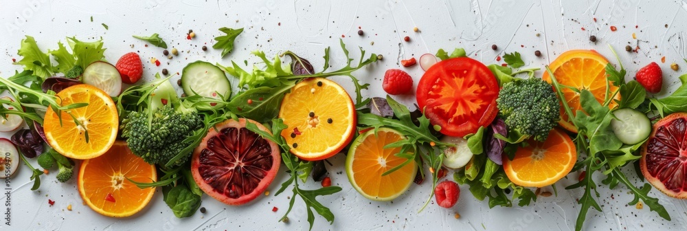 Fresh and Healthy Fruit and Vegetable Salad on a White Background with Copy Space, an Overhead View Celebrating Nutritious and Vibrant Meal Options Fresh and Healthy Fruit and Vegetable Salad on a White Background with Copy Space, an Overhead View Celebrating Nutritious and Vibrant Meal Options