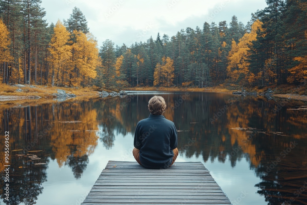 Serene Sunset Reflection, Meditative Moment by the Lake Serene Sunset Reflection, Meditative Moment by the Lake