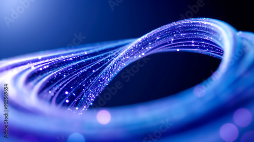 Fiber optic strands gracefully curve and glow in blue and purple tones. The dynamic flow and sparkling points highlight the sophistication and efficiency of modern digital communication networks.