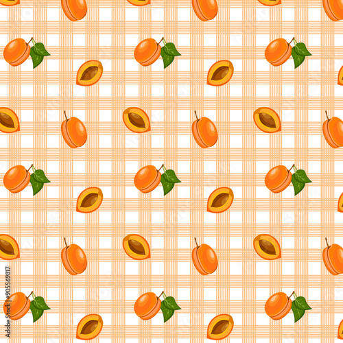 Checkered background with apricots.Vector seamless pattern with apricots on a colored checkered background.