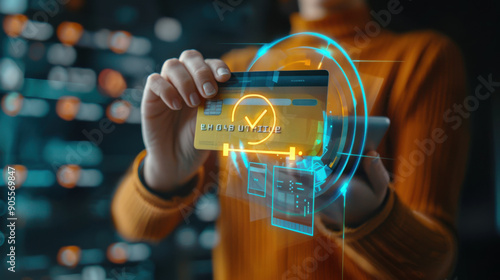 Confirming secure online payment: Person using a credit card through a digital interface with verification tick symbol, fintech, internet banking