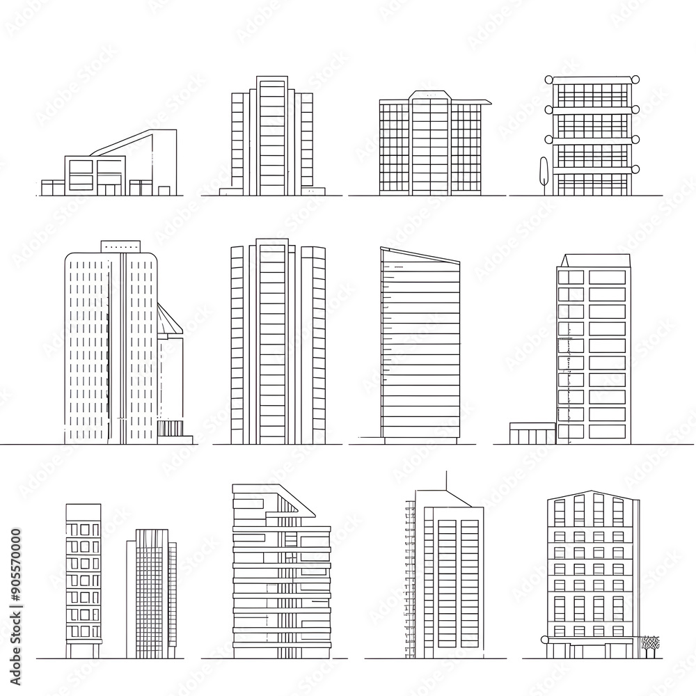 Minimalist Outline Illustrations of Diverse Architectural Structures from Modern Skyscrapers to Classic Houses Minimalist Outline Illustrations of Diverse Architectural Structures from Modern Skyscrapers to Classic Houses