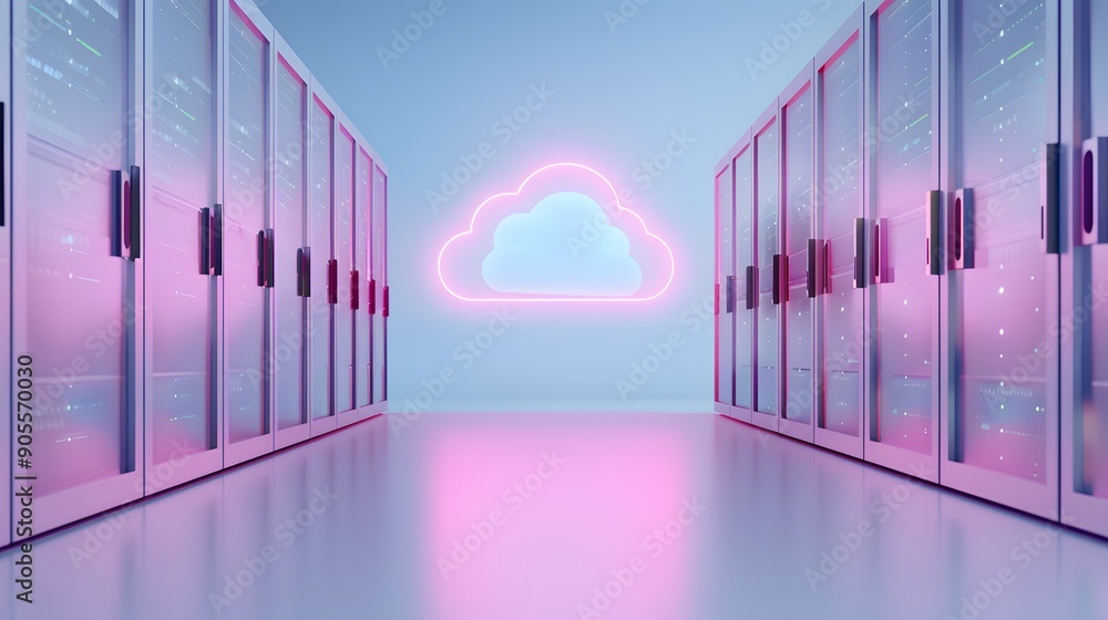 Stylish data center with neon cloud icon representing cloud computing ...