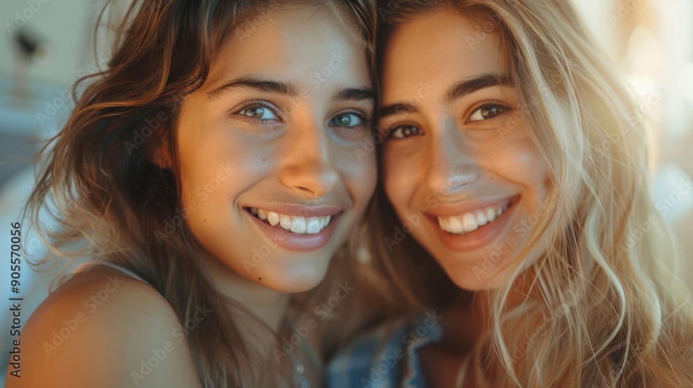 Two girlfriends smiling and looking straight into the camera. Two girlfriends smiling and looking straight into the camera.