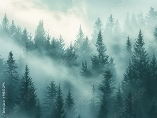 Misty Pine Forest with Dense Fog and Tall Trees Creating a Serene and Mysterious Atmosphere in the Early Morning Light