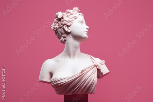 White Marble head of young Woman on pink background with copy space. Ancient Statue of the goddess, girl of Myths