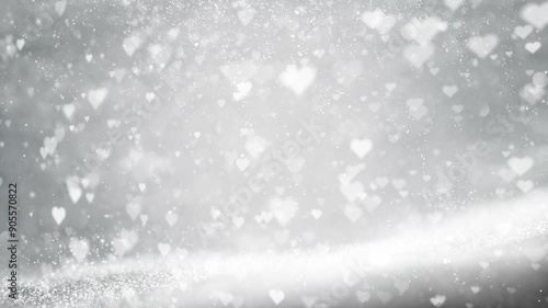 Loop bright silver white snowy winter background with hearts animation.
