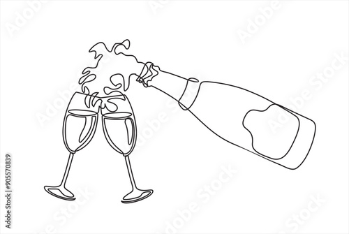 Continuous One line drawing of Prosecco glasses. The process of pouring champagne into a glasses. Pours champagne from a bottle into a glasses. Line art