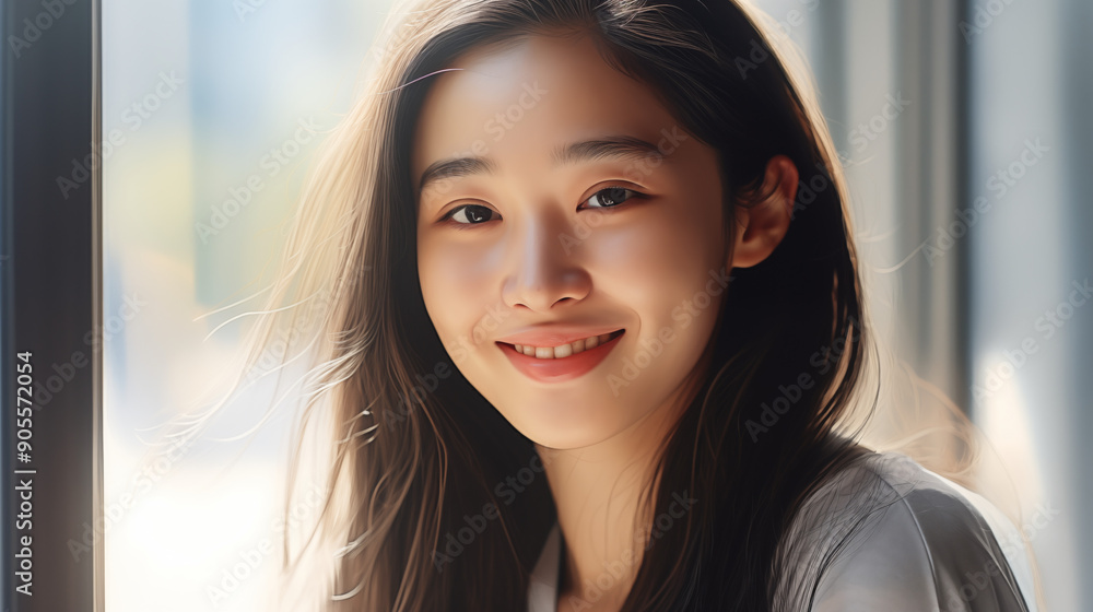 girl 25 years old, with Asian appearance smiling, on a light background, window girl 25 years old, with Asian appearance smiling, on a light background, window
