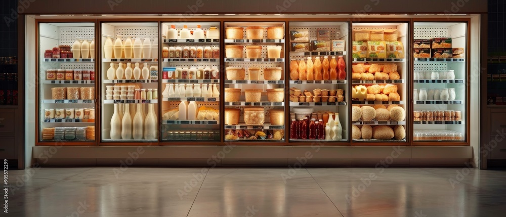 A well-stocked supermarket refrigerator display featuring a variety of dairy products, beverages, and groceries in bright lighting. A well-stocked supermarket refrigerator display featuring a variety of dairy products, beverages, and groceries in bright lighting.