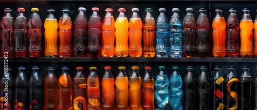 Panel kuchenny z motywem Colorful bottles of various soft drinks and beverages neatly arranged on shelves in a store or vending machine.