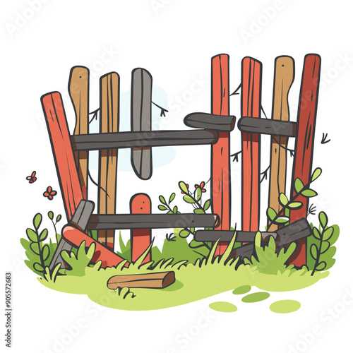 Colorful cartoon wooden fence broken down surrounded greenery plants, outdoor rural scene. Vector illustration garden disassembled, dilapidated wooden barrier vegetation. Cheerful, peaceful