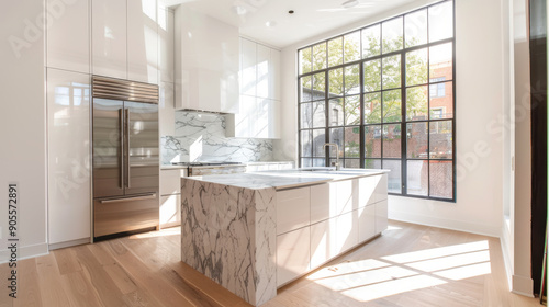 A modern minimalist kitchen interior design with a marble countertop and a large window