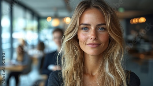 Free Download Portrait of a Smiling Young Woman in a Modern CafÃ© with Blurred Background, Natural Light, and Contemporary Interior Design - GFXLoad
