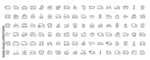 Travel and Transport line icon set. Containing car, bike, plane, train, bicycle, motorbike, bus and scooter icons. Transportation Simple line icon collections