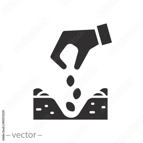 hand plant sowing icon, grain put in soil, sow seed, flat vector illustration