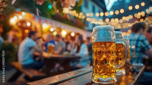 horizontal banner, oktoberfest, beer mug on a wooden table of an evening street bar, blurred background, bokeh effect, copy space, free space for text