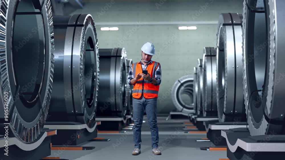 Full Body Of Asian Male Engineer With Safety Helmet Using Smartphone While Standing In Metal Factory Full Body Of Asian Male Engineer With Safety Helmet Using Smartphone While Standing In Metal Factory