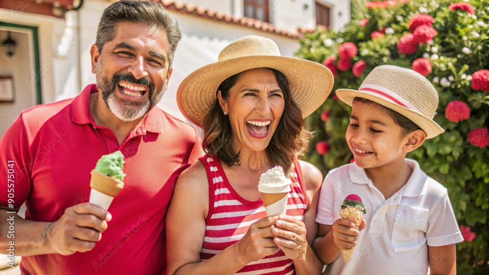 Happy Family Enjoying Authentic Mexican Ice Cream on a Sunny Day Happy Family Enjoying Authentic Mexican Ice Cream on a Sunny Day