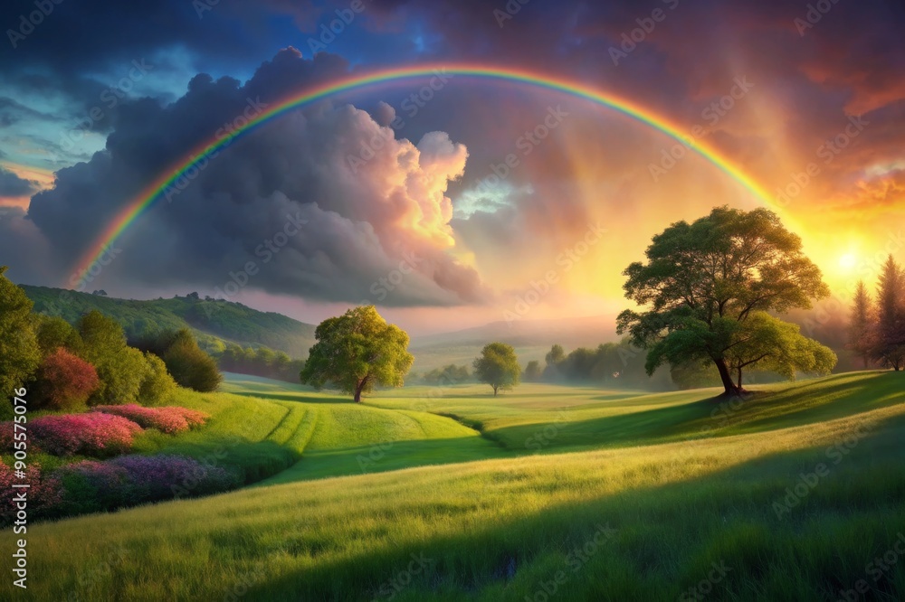 Obraz premium A majestic rainbow arcing over a serene valley at sunset time