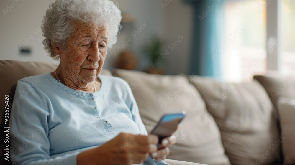 Elderly woman sitting on a sofa using a smartphone inside a cozy home. Senior person learning technology and staying connected. Elderly woman sitting on a sofa using a smartphone inside a cozy home. Senior person learning technology and staying connected.