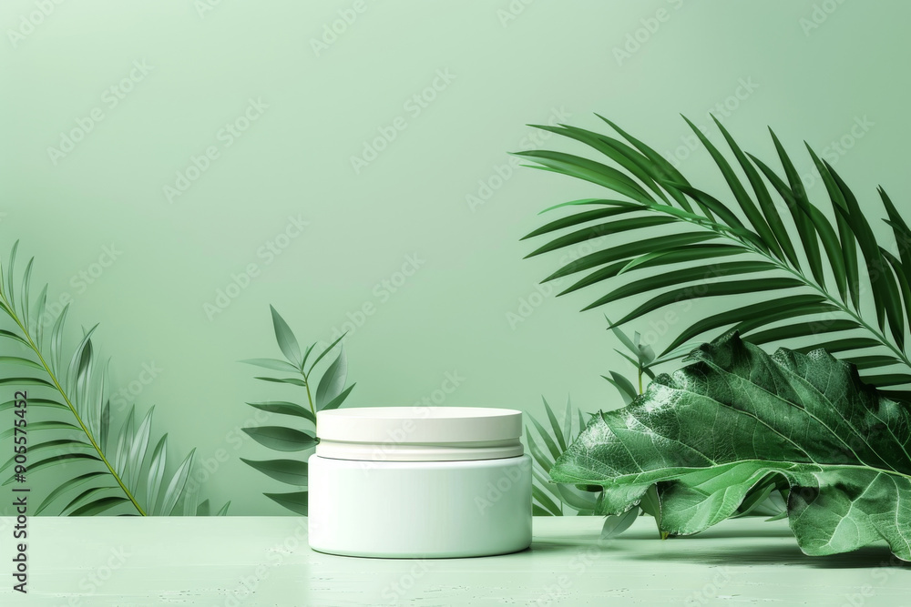 A mockup white jar is placed on a green pedestal in front of a green background A mockup white jar is placed on a green pedestal in front of a green background