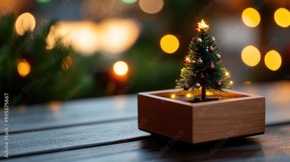 A charming miniature Christmas tree in a wooden box with warm bokeh lights, perfect for holiday decorations and seasonal cheer. A charming miniature Christmas tree in a wooden box with warm bokeh lights, perfect for holiday decorations and seasonal cheer.