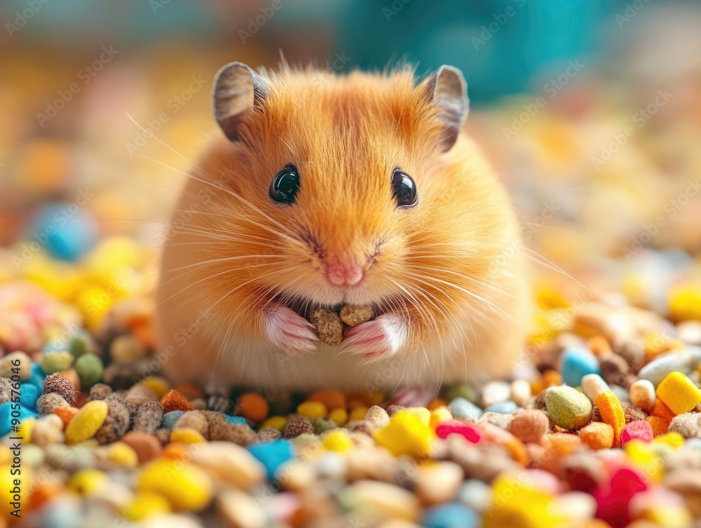 A cute golden hamster holding a treat while surrounded by colorful pebbles, perfect for pet-themed projects and marketing. A cute golden hamster holding a treat while surrounded by colorful pebbles, perfect for pet-themed projects and marketing.