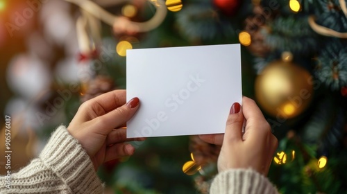 Hands Holding Blank Card in Front of a Christmas Tree