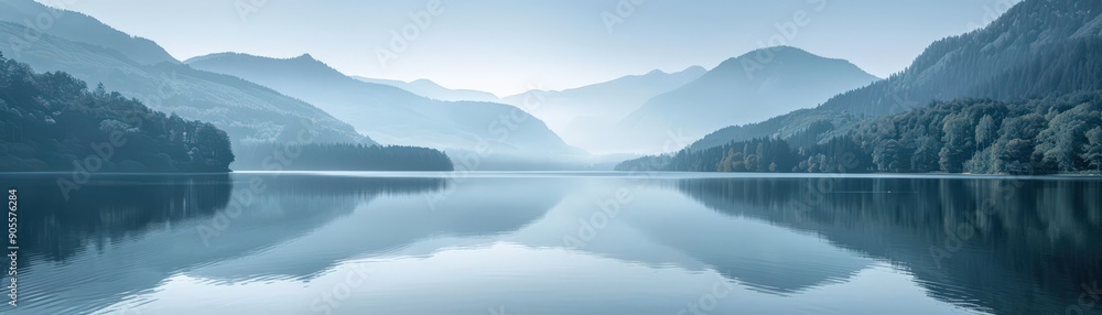 Serene Mountain Lake at Dawn with Misty Hills and Calm Waters in a Panoramic Landscape Serene Mountain Lake at Dawn with Misty Hills and Calm Waters in a Panoramic Landscape